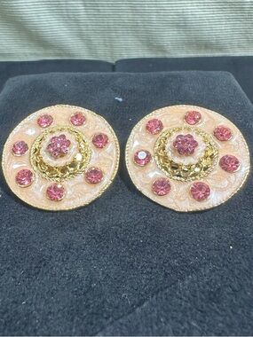 NOS/ Vtg Oversized Pink Rhinestone, & Pink Enamel Button Style Earrings